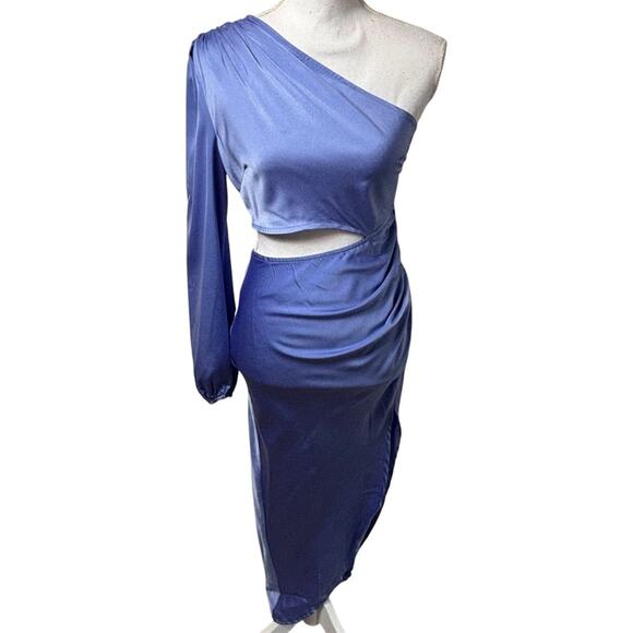 HELLO MOLLY CLASSY GIRL MIDI DRESS BLUE ONE SHOULDER CUT OUT SIZE SMALL NEW - Picture 2 of 9